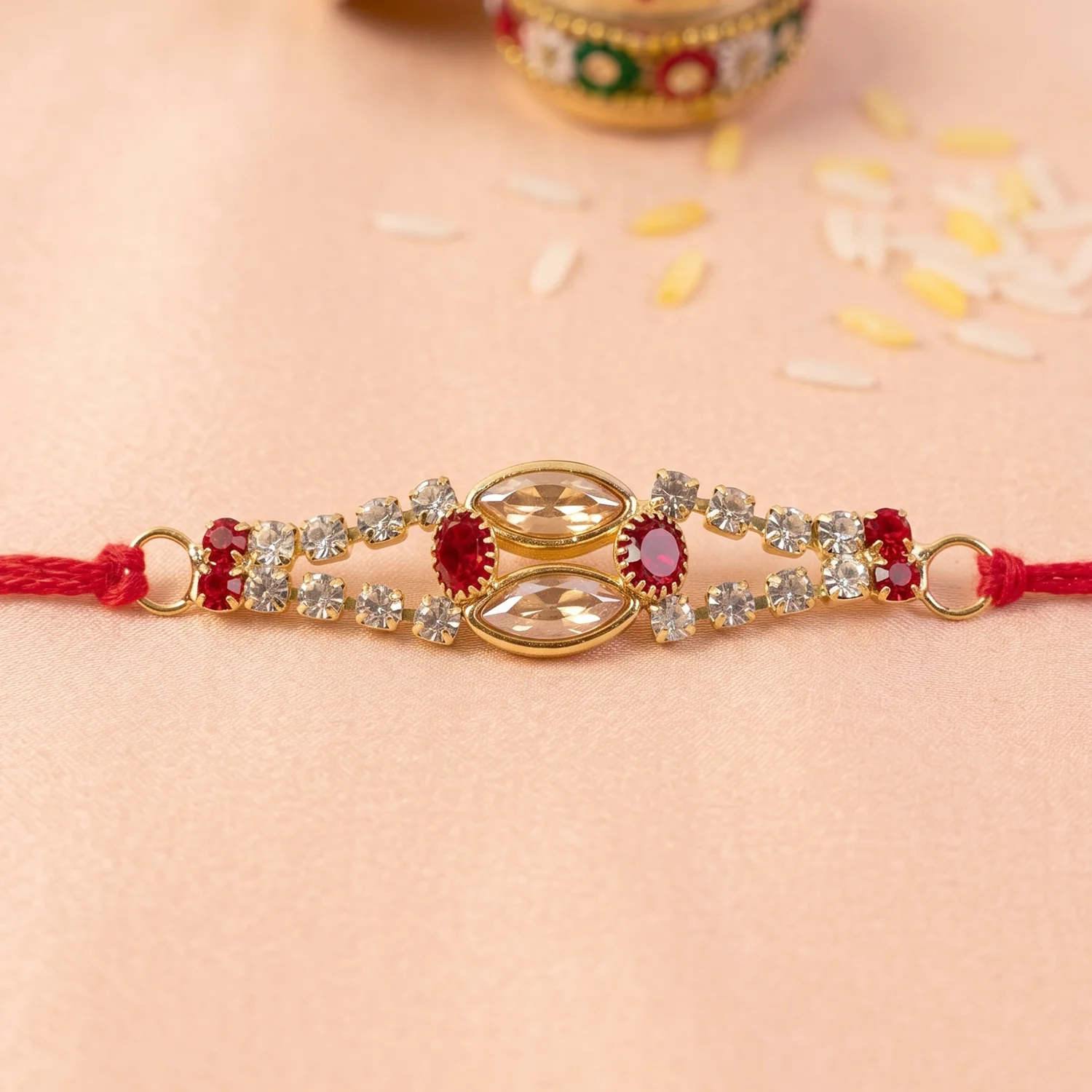 Kundan Rakhi Bracelet, Elegant Red & Blue Stones for Brothers - Image 3