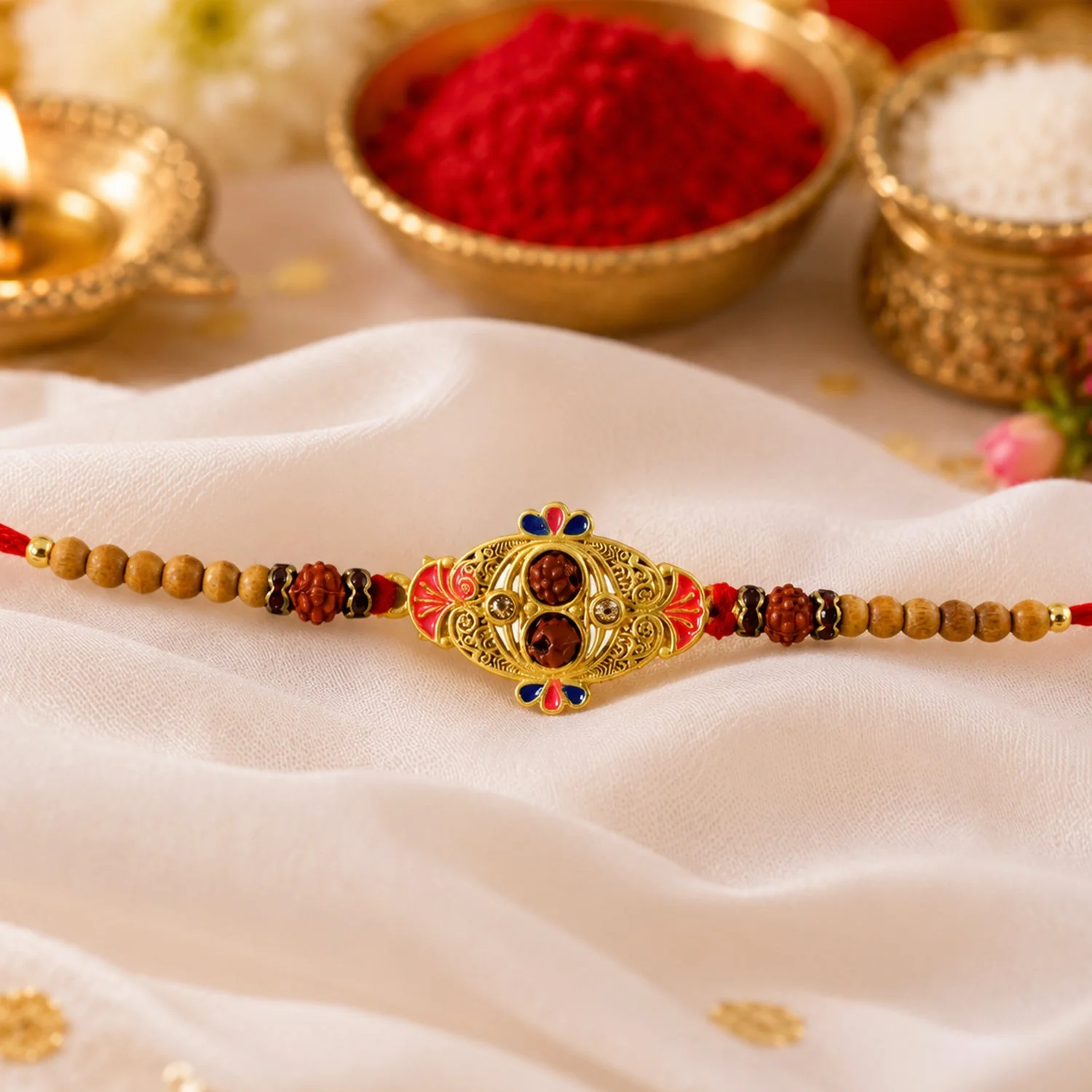 Premium Oval Meenakari Rudraksha Bead Enamel Charm Thread Rakhi for Brother - Image 3