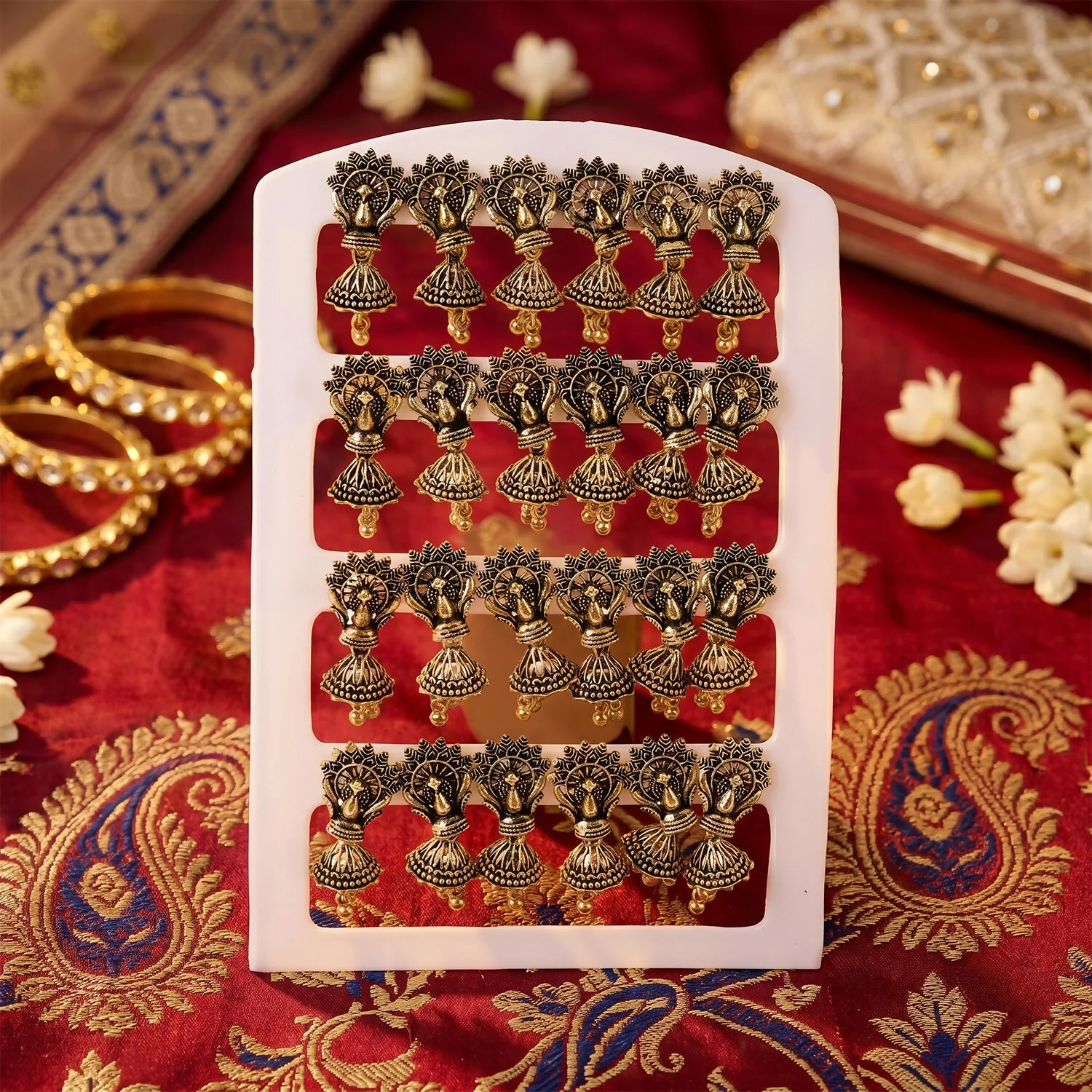 Oxidised Floral Leaf Jhumka Earrings – Lightweight Traditional Style - Image 3