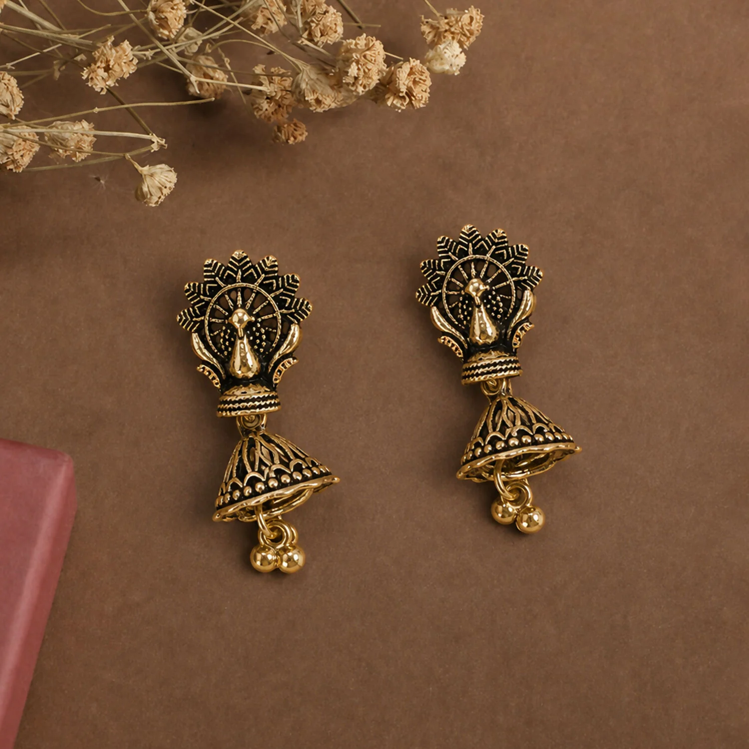 Oxidised Floral Leaf Jhumka Earrings – Lightweight Traditional Style - Image 4