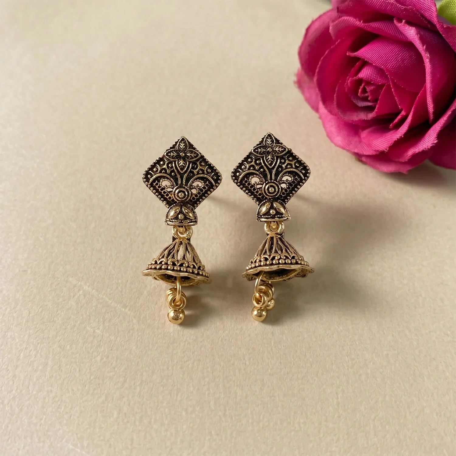 Oxidised Leaf Pattern Jhumka Earrings – Traditional Ethnic Jewelry - Image 4
