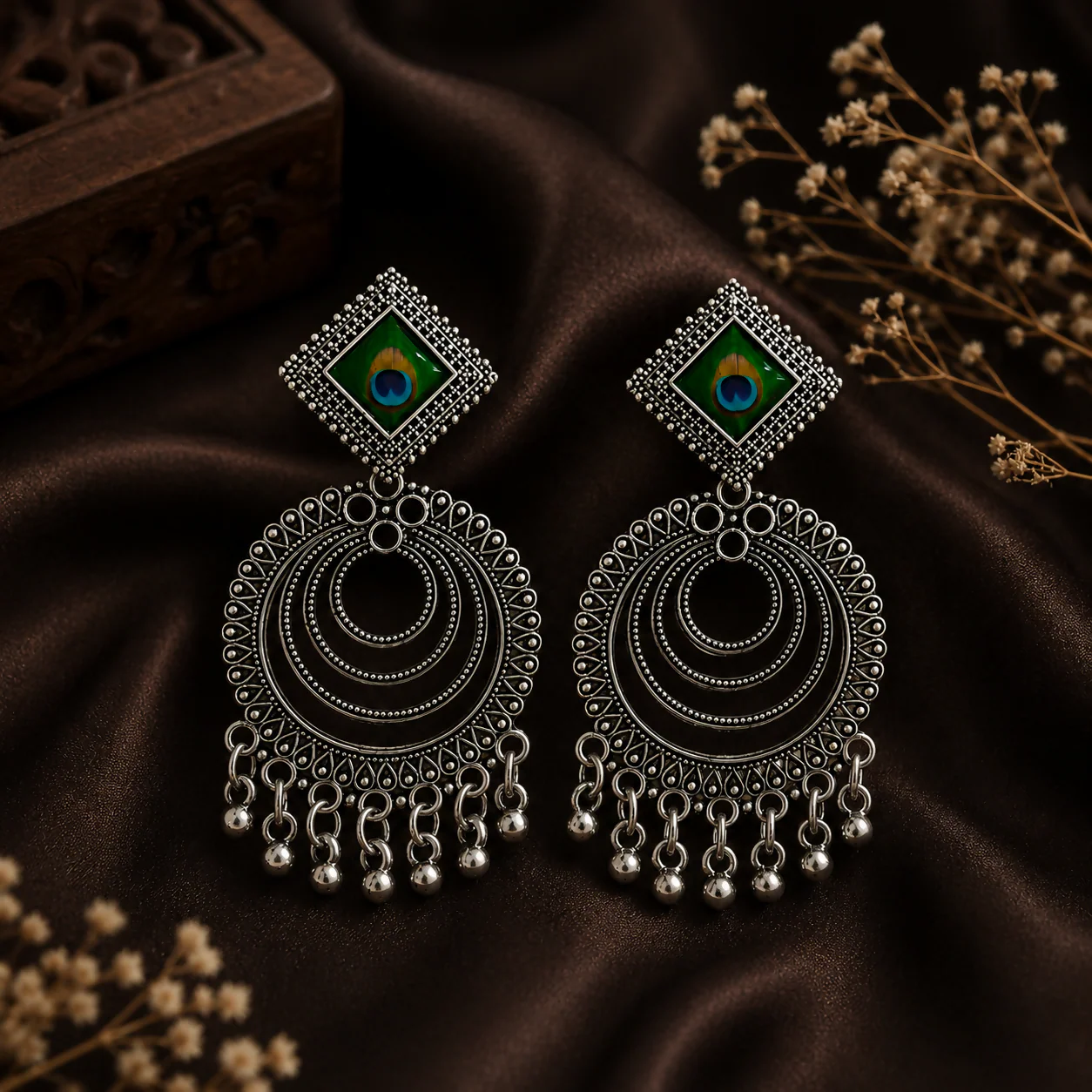 Oxidised Chandbali Earrings – Peacock Feather Jhumka Design - Image 2