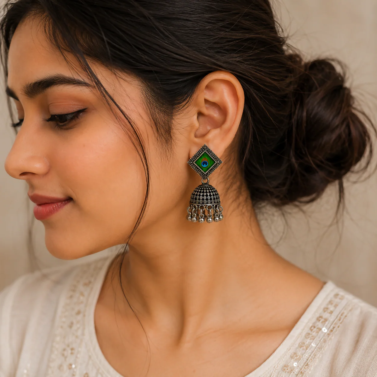 Oxidised Peacock Jhumka Earrings – Traditional Indian Jewellery - Image 3