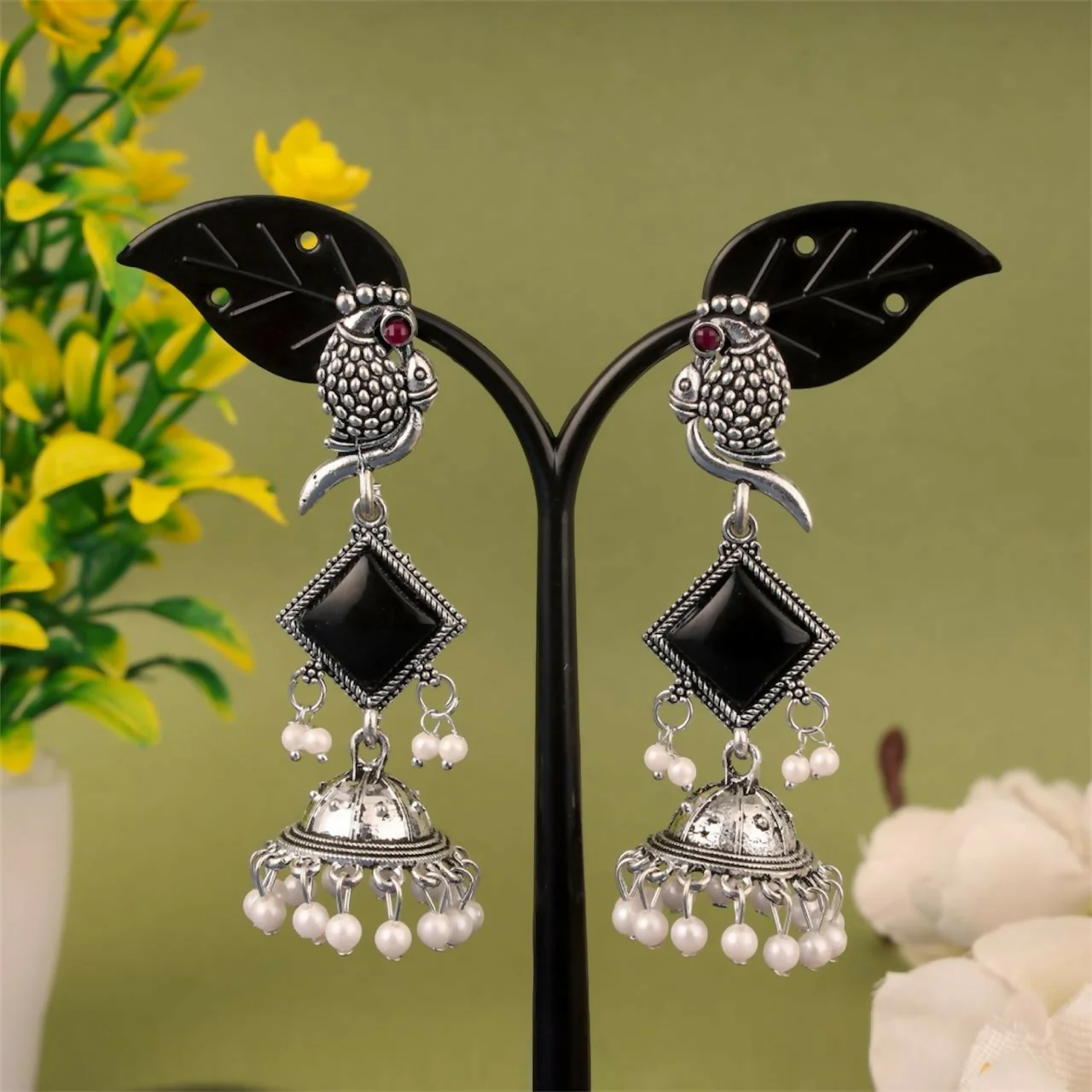 Oxidised Silver Parrot Design Jhumka Earrings with Black Stones - Image 4
