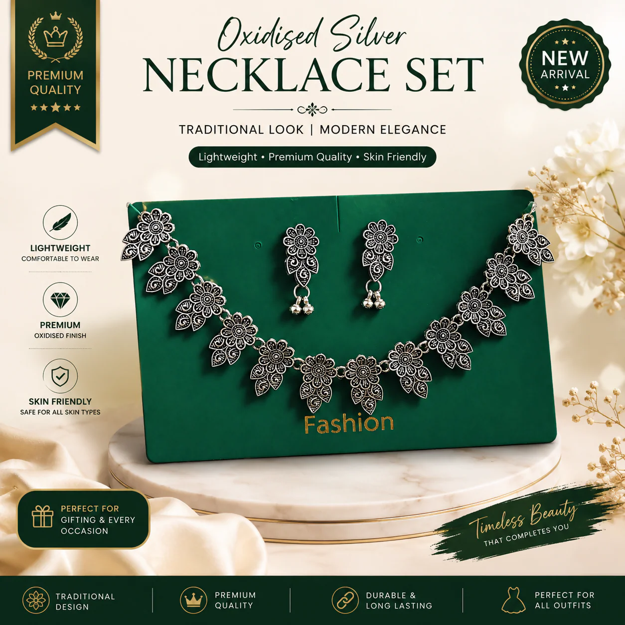 Oxidised Silver Floral Necklace Set for Women | Traditional Flower Design Choker with Matching Earrings - Image 2