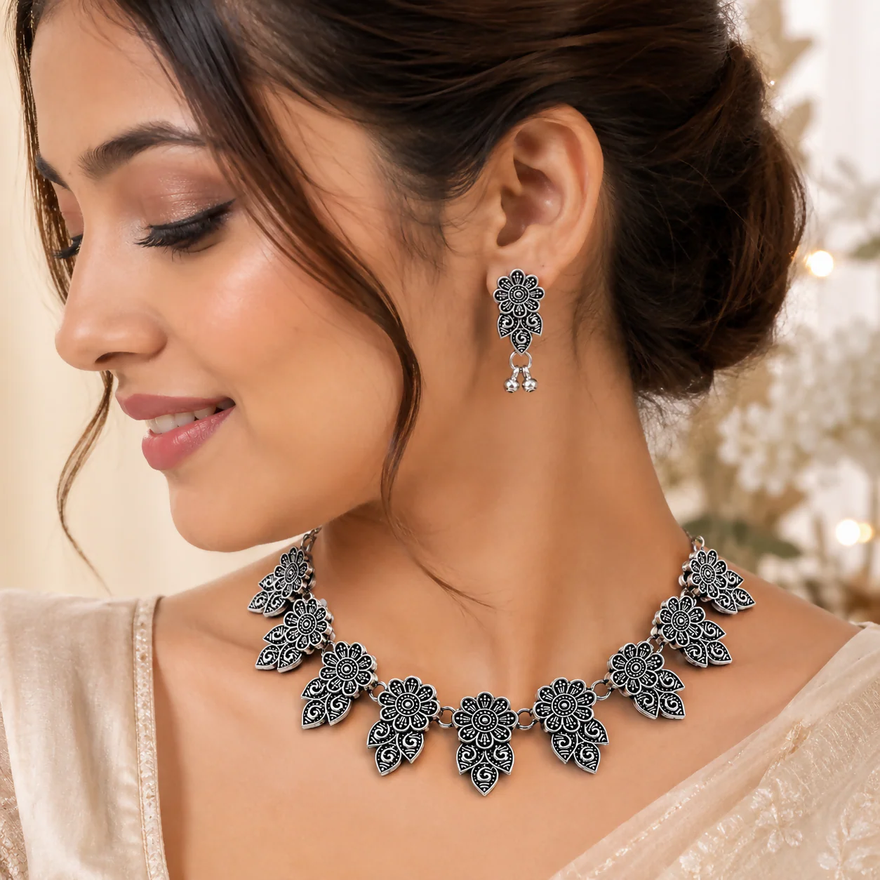 Oxidised Silver Floral Necklace Set for Women | Traditional Flower Design Choker with Matching Earrings - Image 3