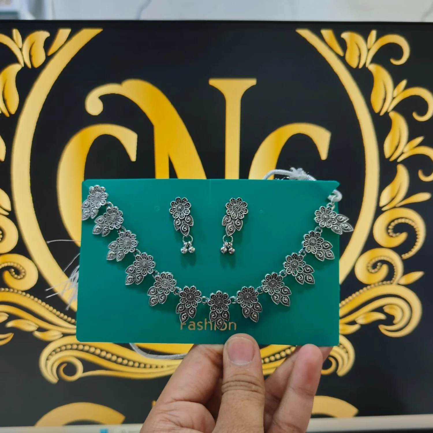 Oxidised Silver Floral Necklace Set for Women | Traditional Flower Design Choker with Matching Earrings - Image 4