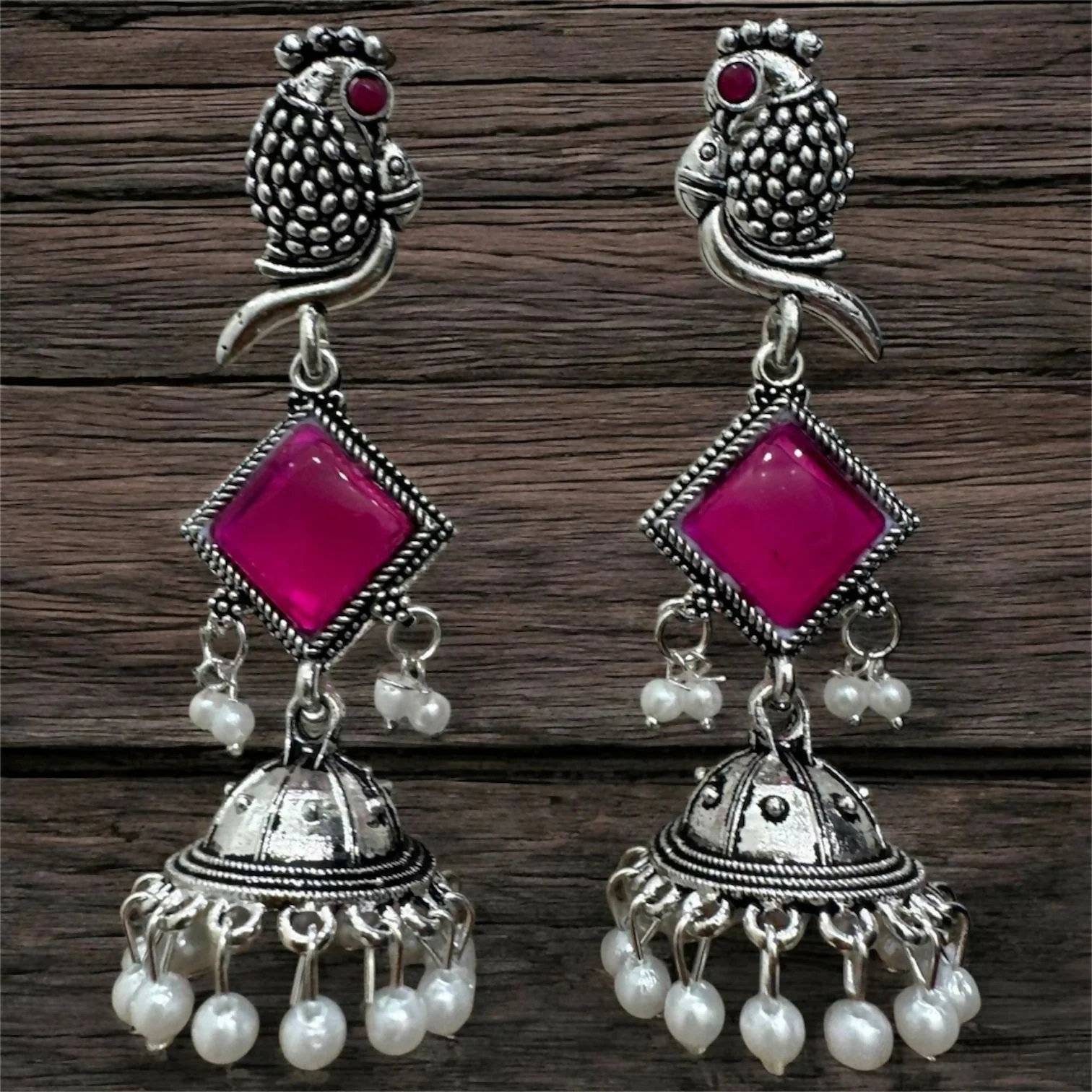 Oxidised Silver Pink Stone Jhumka Earrings – Parrot Design with Pearls - Image 2