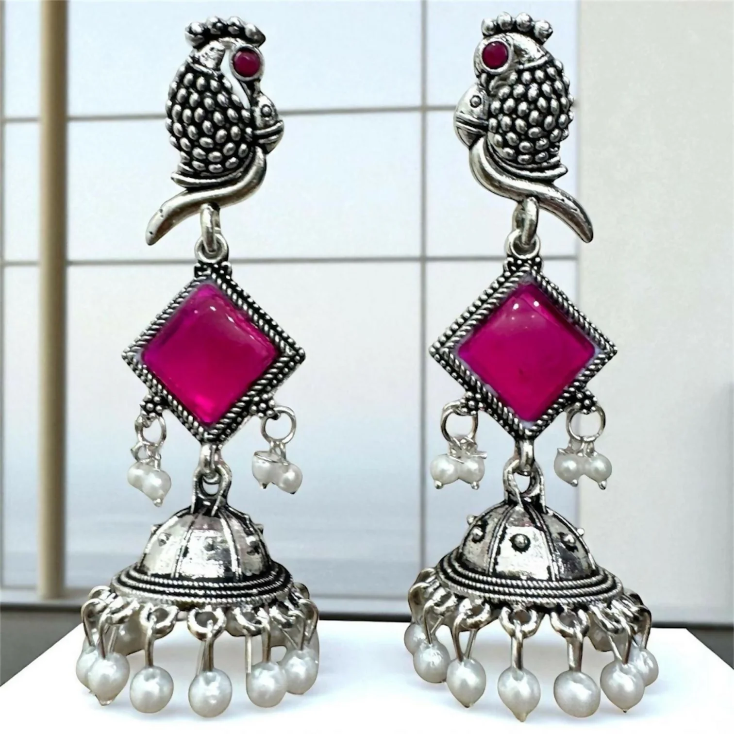 Oxidised Silver Pink Stone Jhumka Earrings – Parrot Design with Pearls - Image 3