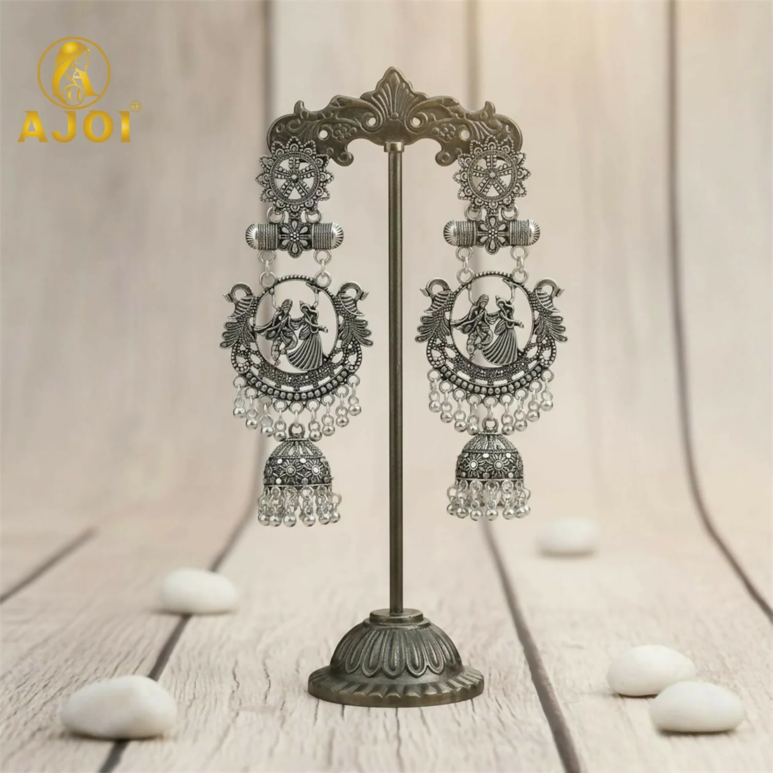 Radha Krishna Jhumka Earrings – Oxidised Silver Temple Jewellery with Ghungroo - Image 3