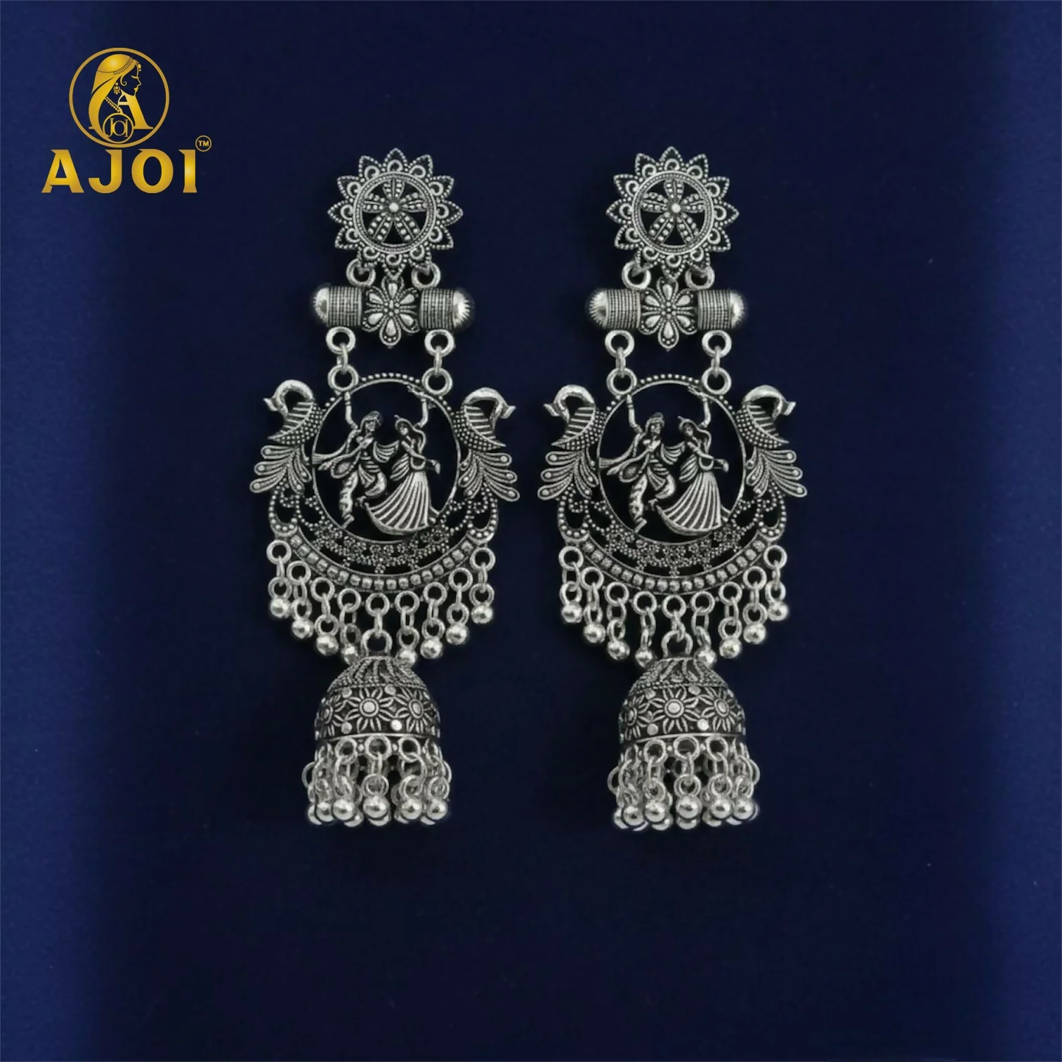 Radha Krishna Jhumka Earrings – Oxidised Silver Temple Jewellery with Ghungroo - Image 4