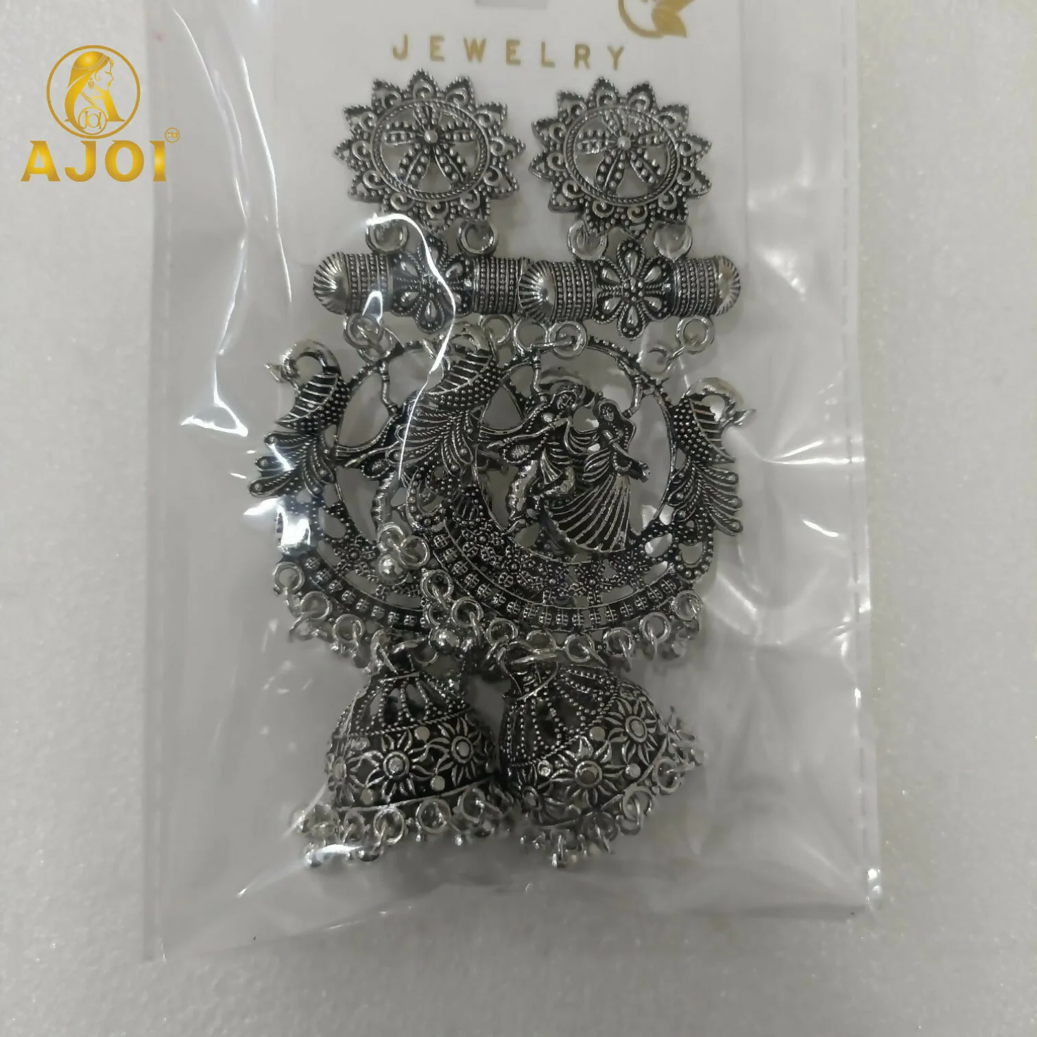 Radha Krishna Jhumka Earrings – Oxidised Silver Temple Jewellery with Ghungroo - Image 5
