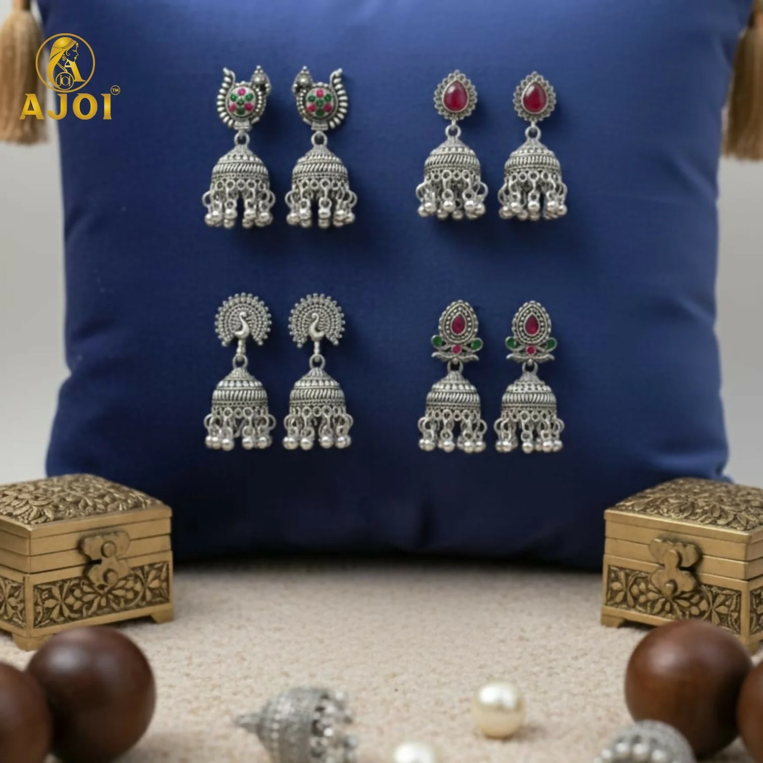 Oxidised Silver Jhumka Earrings Set – 4 Pairs with Intricate Stone Detailing - Image 3