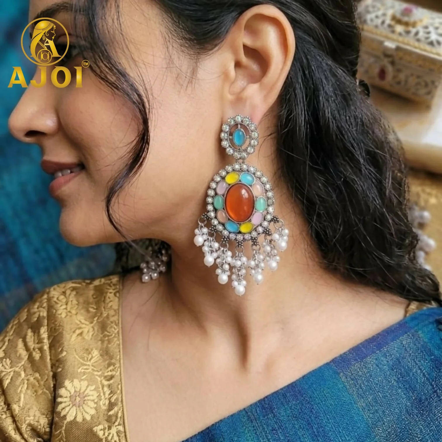 Oxidized Oval Earrings – Vibrant multicolor stones & pearl tassel - Image 2