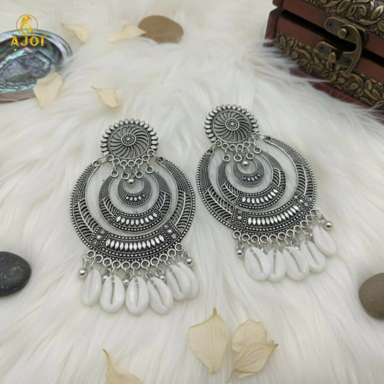Oxidized Silver Chandbali Earrings with Cowrie Shell Drops - Image 3