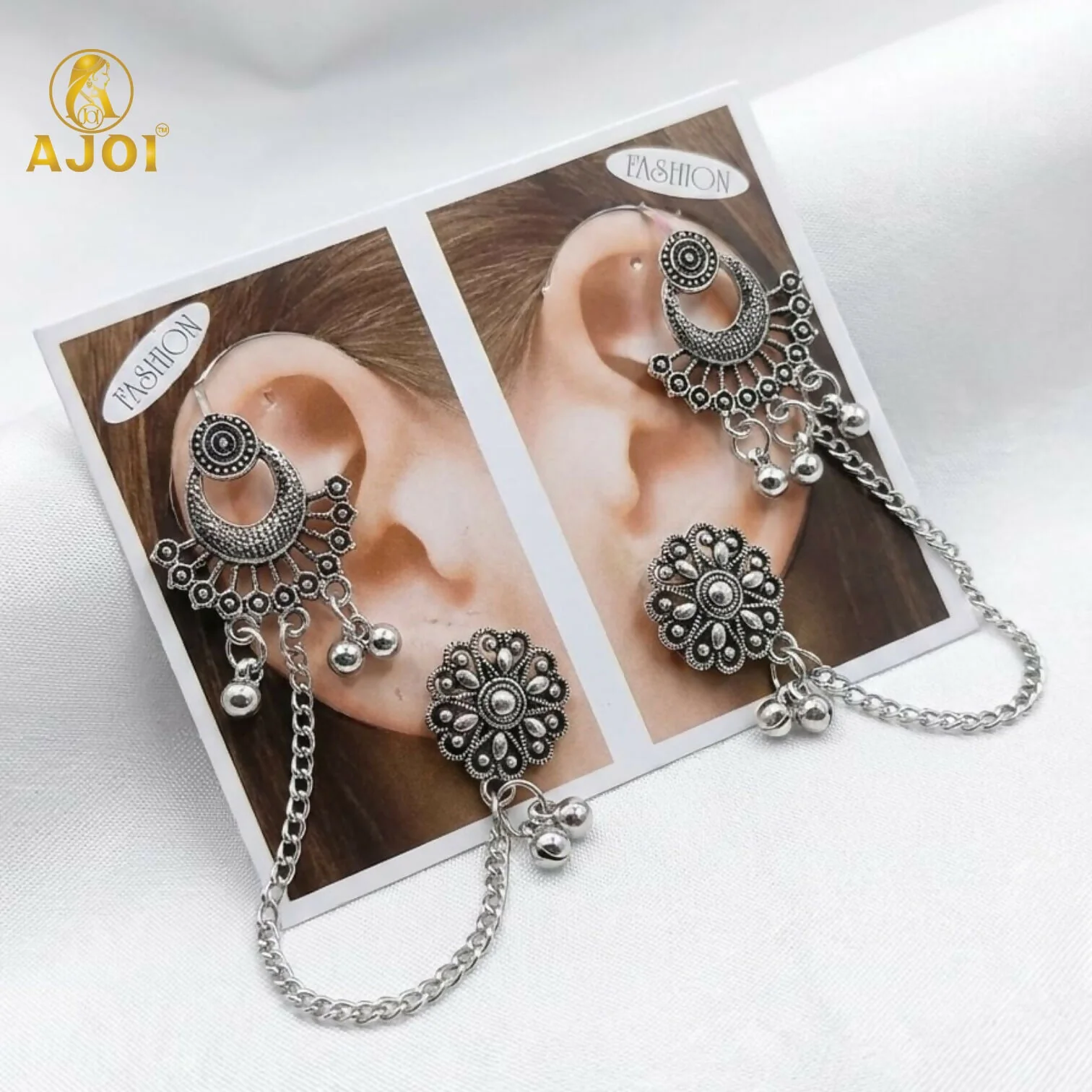 Oxidized Silver Ear Cuff Earrings – Elegant Ethnic Chain Jewelry - Image 3