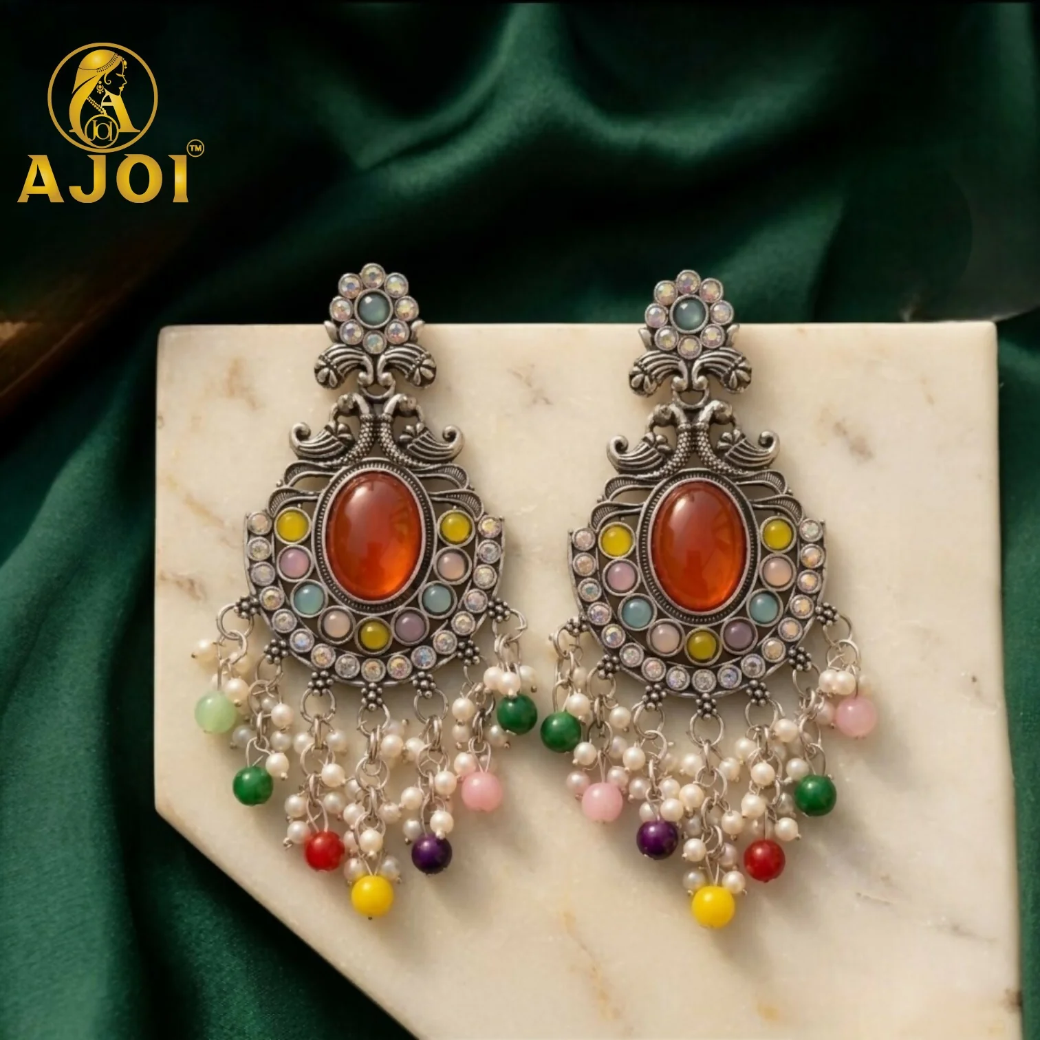 Oxidized Silver Multicolor Stone Chandbali Earrings – Traditional Elegance - Image 3