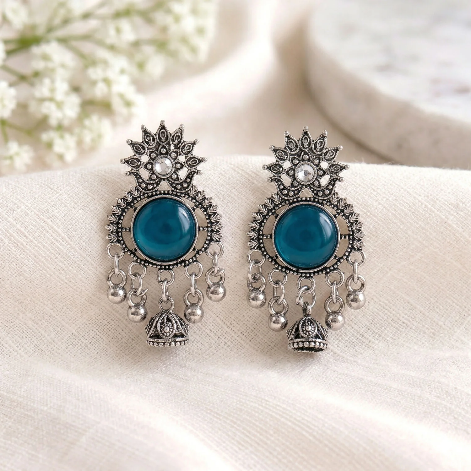 Oxidized Silver-Plated Teal Green Stone Jhumka Earrings – Traditional Ethnic Jewelry - Image 3