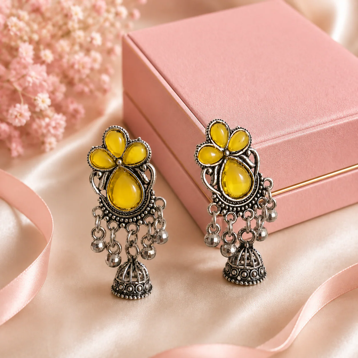 Oxidized Silver-Tone Yellow Floral Jhumka Earrings for Women - Image 2