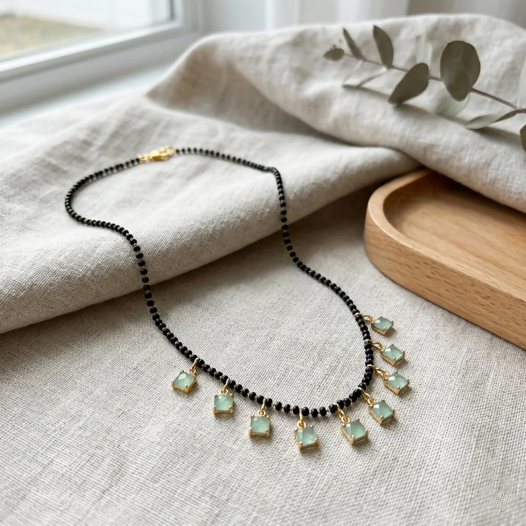 Pastel Mint Stone Charm Mangalsutra Necklace for Women | Elegant Daily Wear
