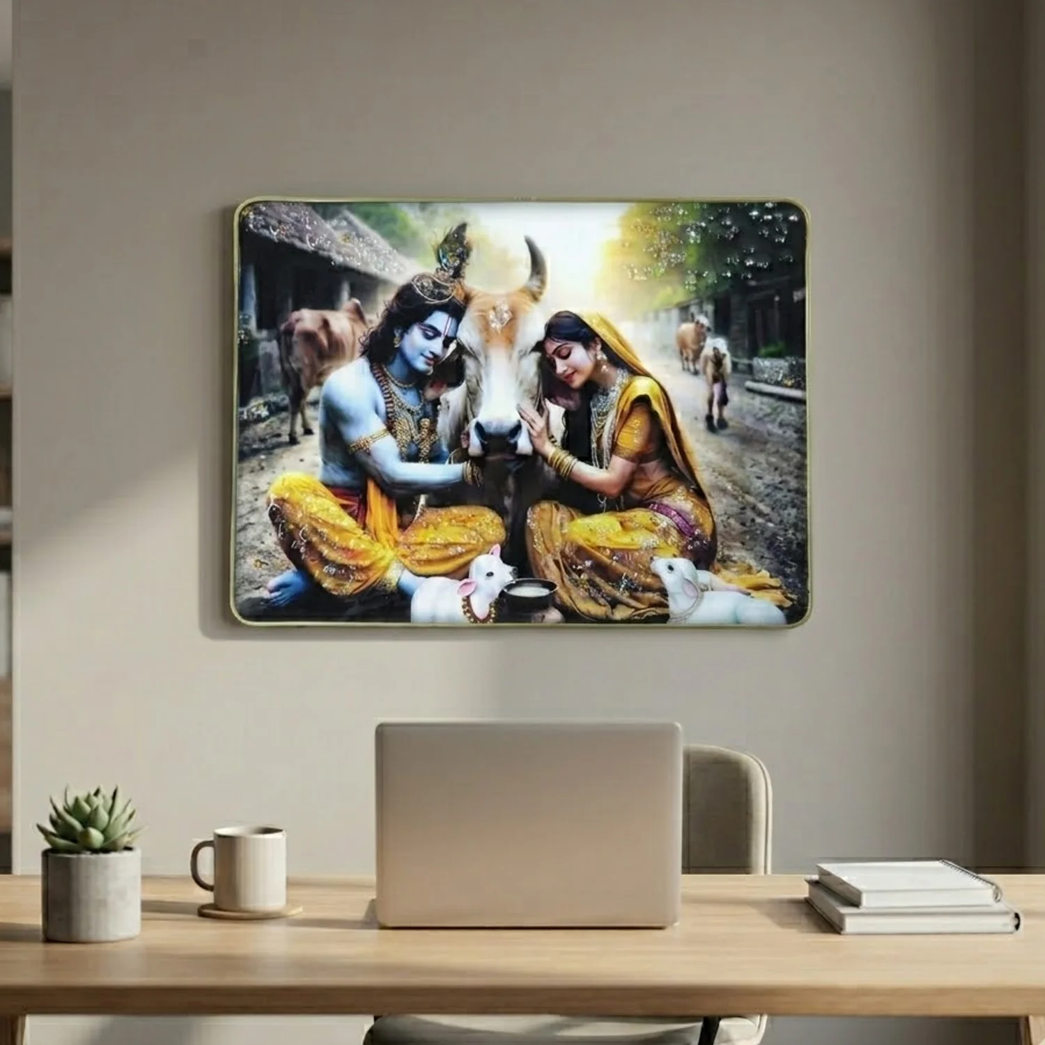 Radha Krishna Village Scene Wall Frame – Peaceful & Elegant Decor - Image 3