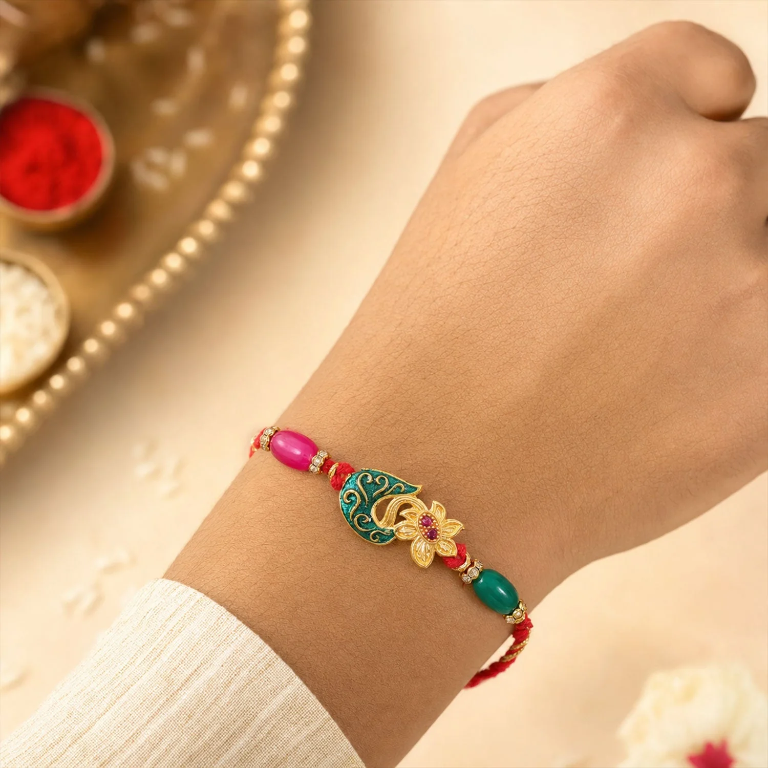 Golden Paisley Meenakari Rakhi with Stones & Beads – Rakhi for Brother - Image 3