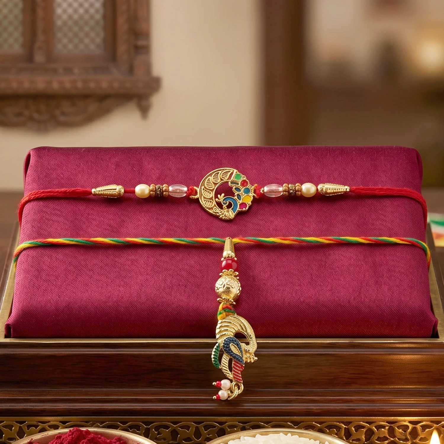 Premium Peacock Charm Bhabhi Lumba Rakhi – Elegant Maroon Gift Box for Rakshabandhan - Image 4