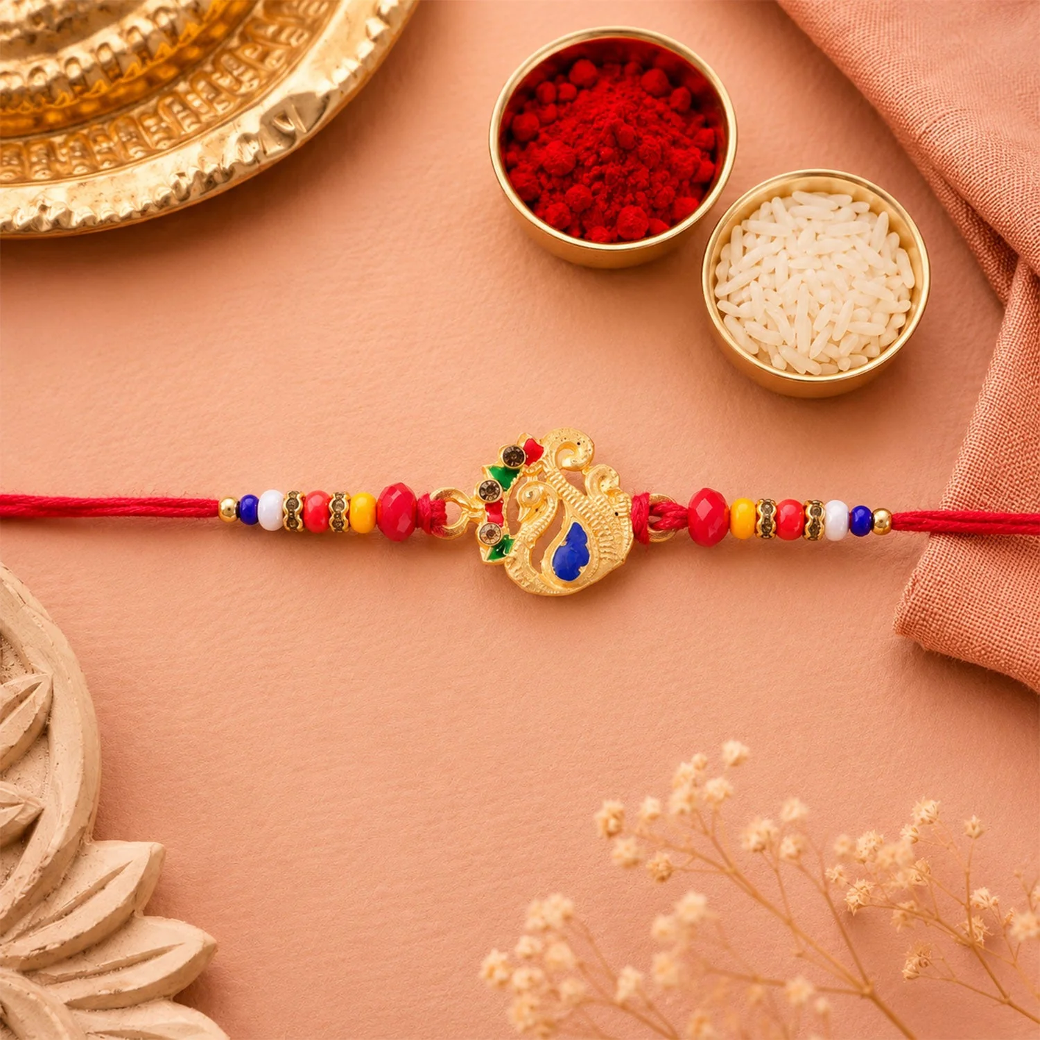 Premium Peacock Charm Designer Rakhi for Brother with Bead Work - Image 4