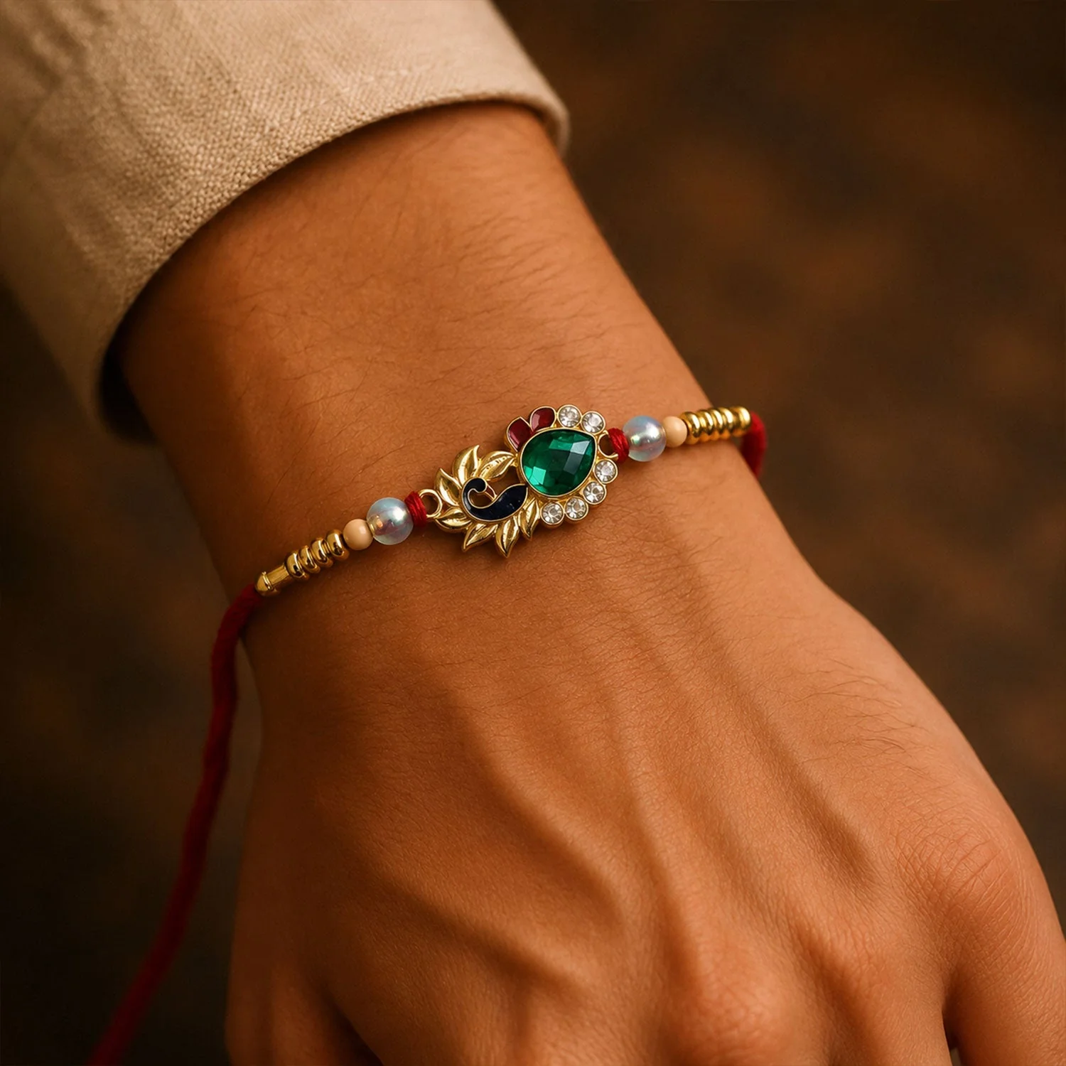 Peacock Emerald Stone Rakhi – Elegant with Pearl Beads for Brothers - Image 3