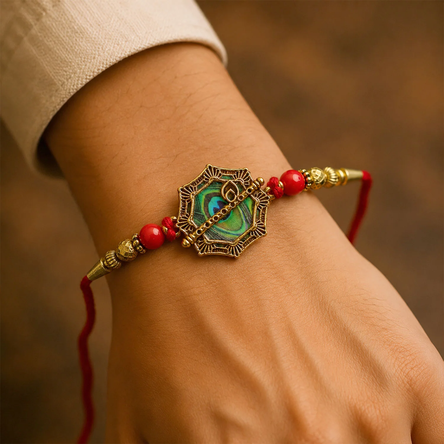 Shop Peacock Feather Rakhi Golden Frame Red Beads - Image 2