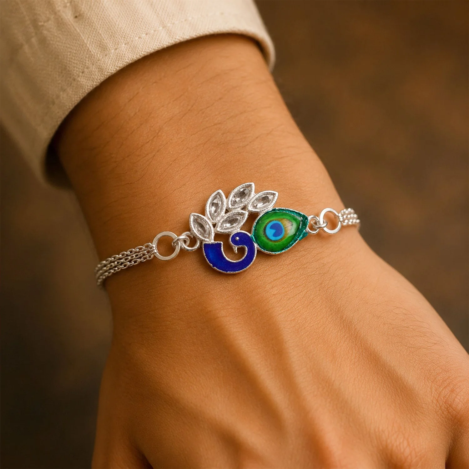 Peacock Feather Motif Premium Chain Designer Rakhi for Brother - Image 2