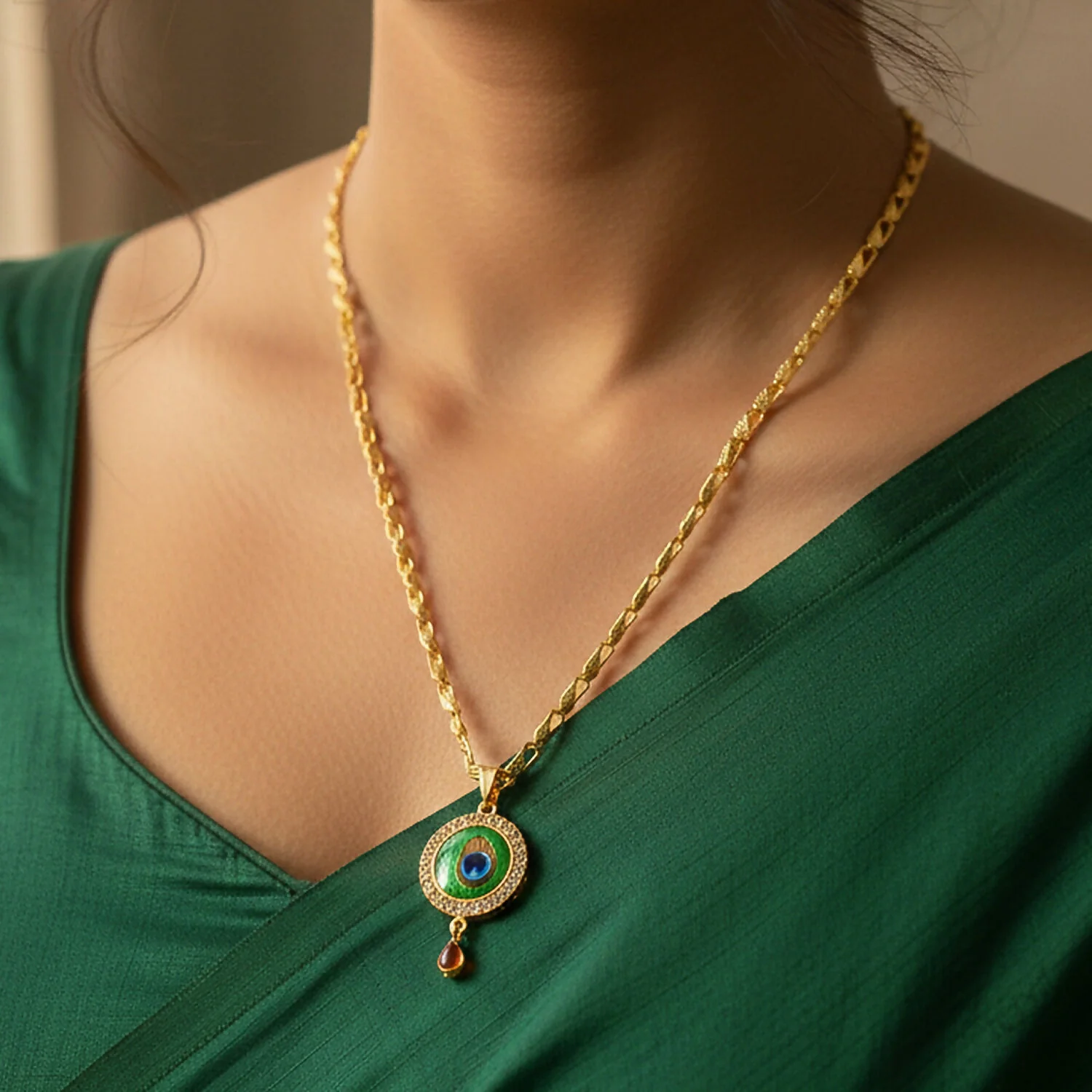 Peacock Pendant Necklace – Elegant Gold Chain with Stones - Image 2