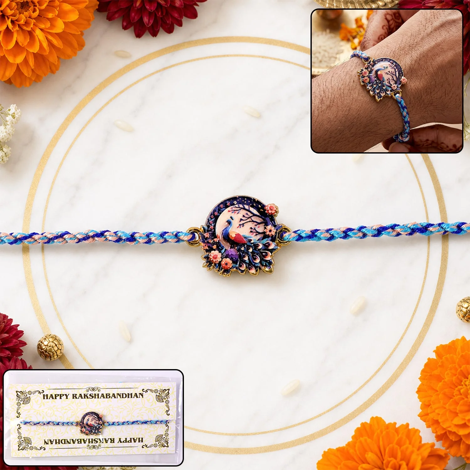 Shop Peacock Floral Charm Fancy Dori Rakhi for Brother - Image 2