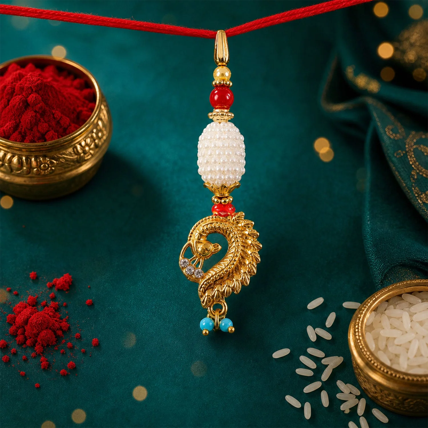 Peacock Lumba Hanging Beaded Premium Designer Rakhi for Raksha Bandhan - Image 4
