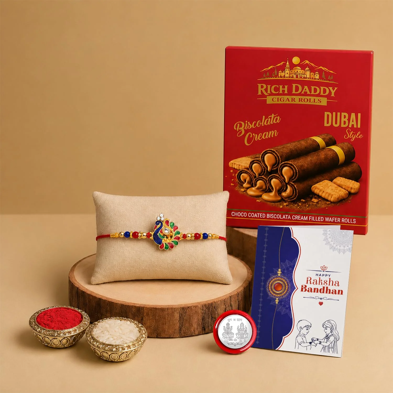 Peacock Multicolor Rakhi – Biscolata Cream Wafer Roll Gift Combo Gift Set (Pack of 5) For Raksha Bandhan