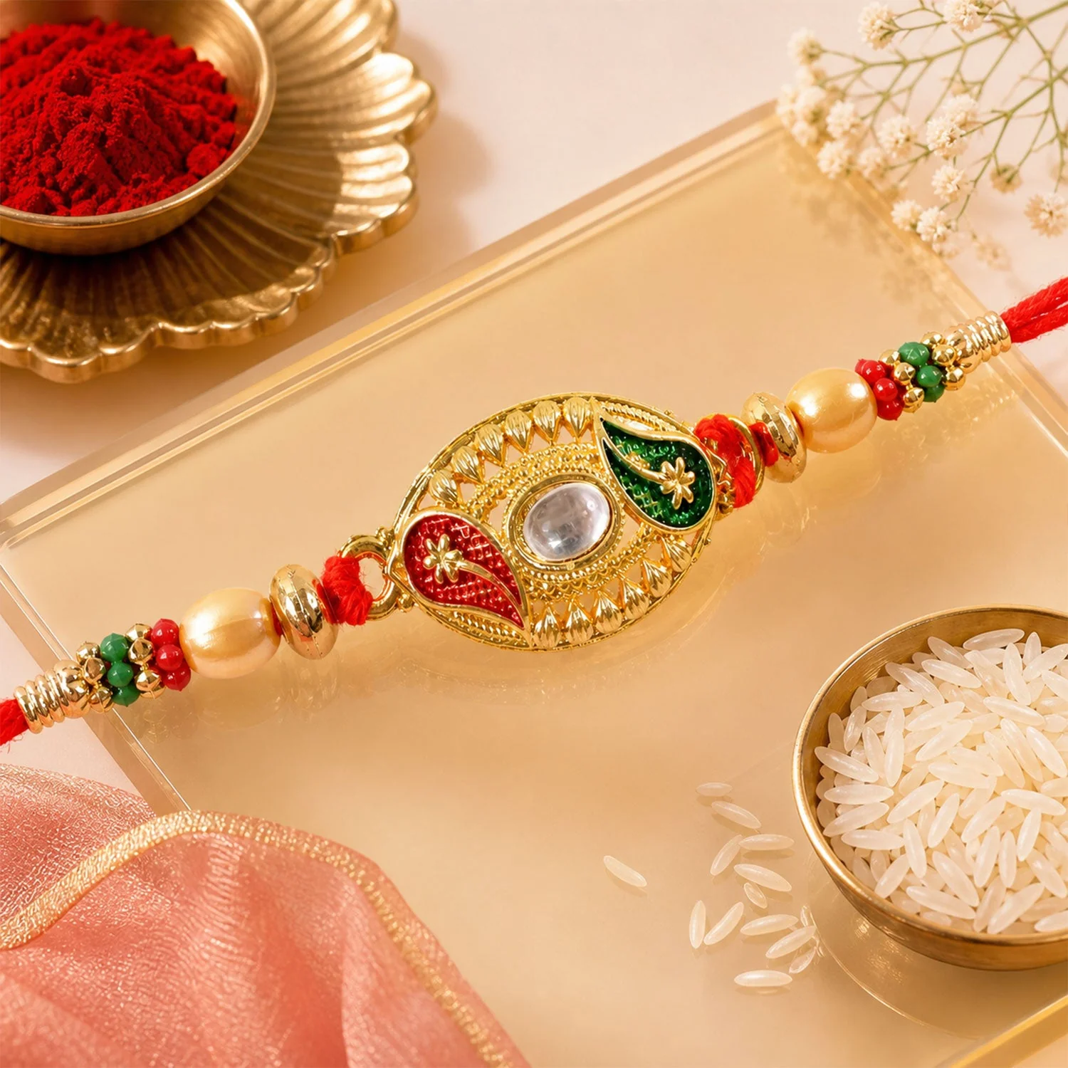 Golden Kundan Oval Rakhi with Meenakari & Pearls – Rakhi for Brother - Image 3