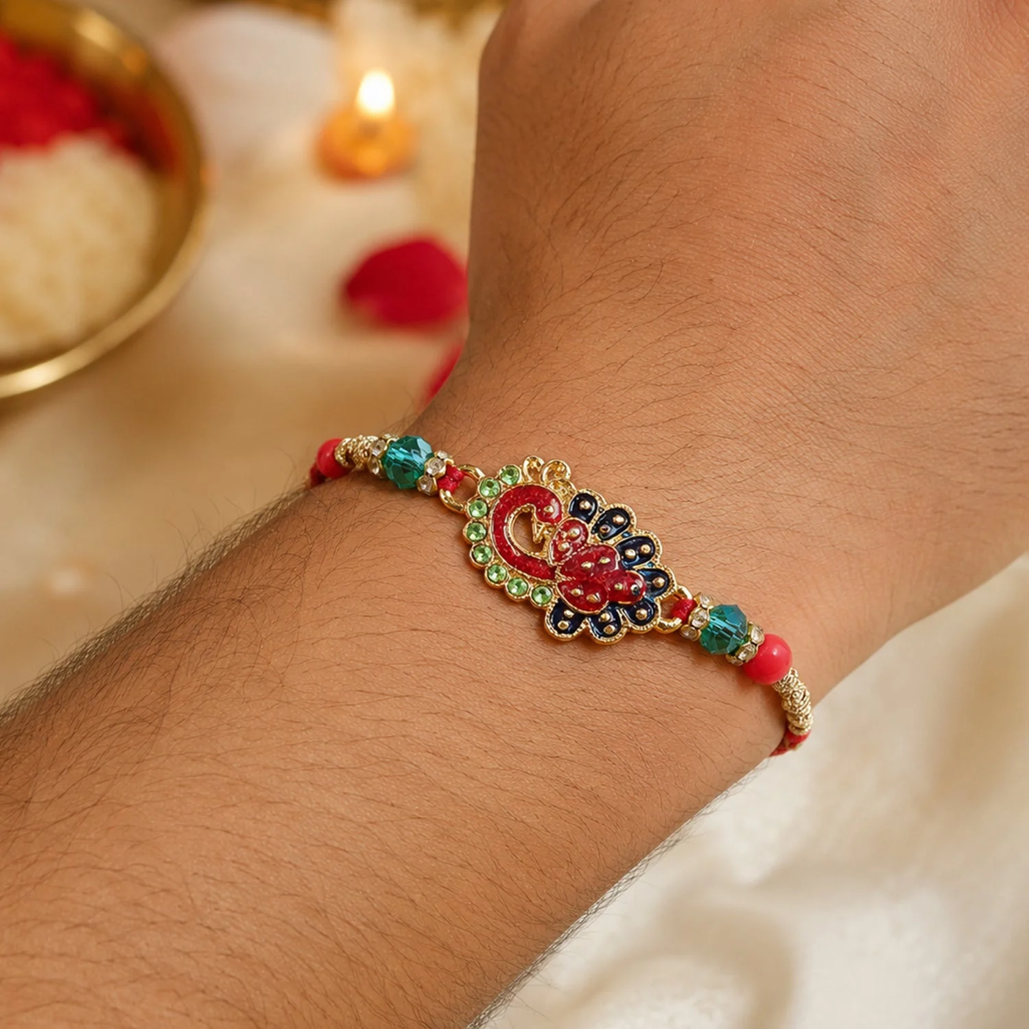 Peacock Paisley Stone Studded Premium Designer Rakhi for Brother - Image 2