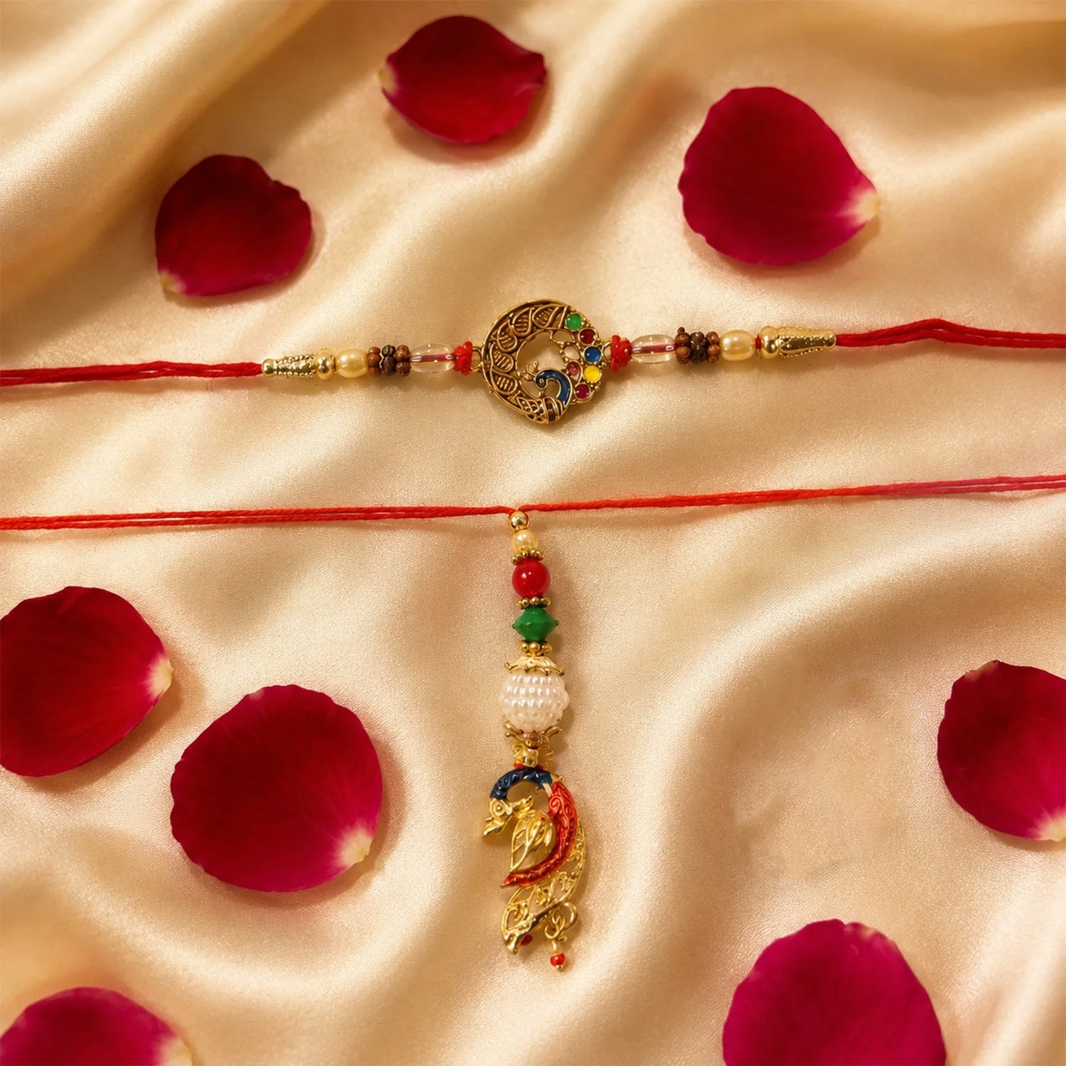 Premium Peacock Pendant Bhabhi Lumba Rakhi – Vibrant Red & Green Beads - Image 2