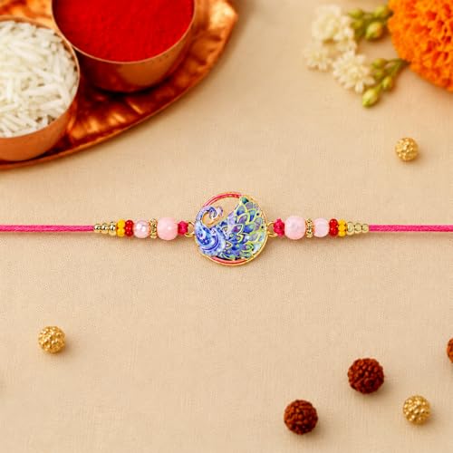 Peacock Rakhi Combo - Raksha Bandhan Gift with Choco Almonds 96gm, Pack of 5 | Rakhi Gift - Image 14