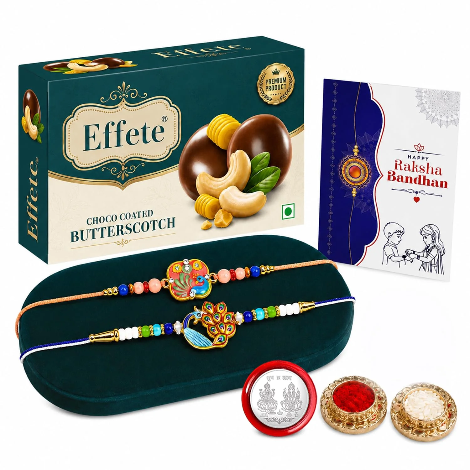 Peacock Rakhi Combo - Raksha Bandhan Gift with Choco Butterscotch 32gm, Pack of 6 - Image 5