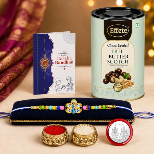 Peacock Rakhi Combo - Raksha Bandhan Gift with Choco Butterscotch 96gm, Pack of 5 - Image 2