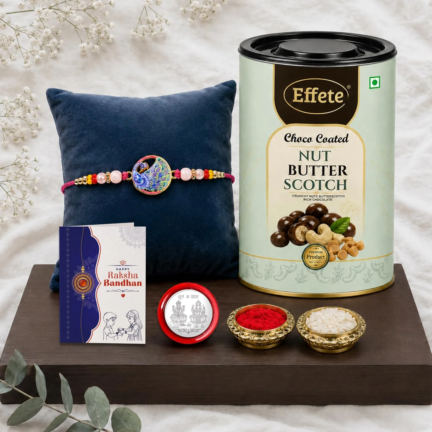 Peacock Rakhi Combo - Raksha Bandhan Gift with Choco Butterscotch 96gm, Pack of 5 - Image 2