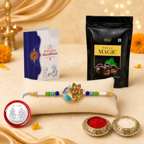 Peacock Rakhi Combo - Raksha Bandhan Gift with Choco Magic Standy Pouch, Pack of 5 - Image 2