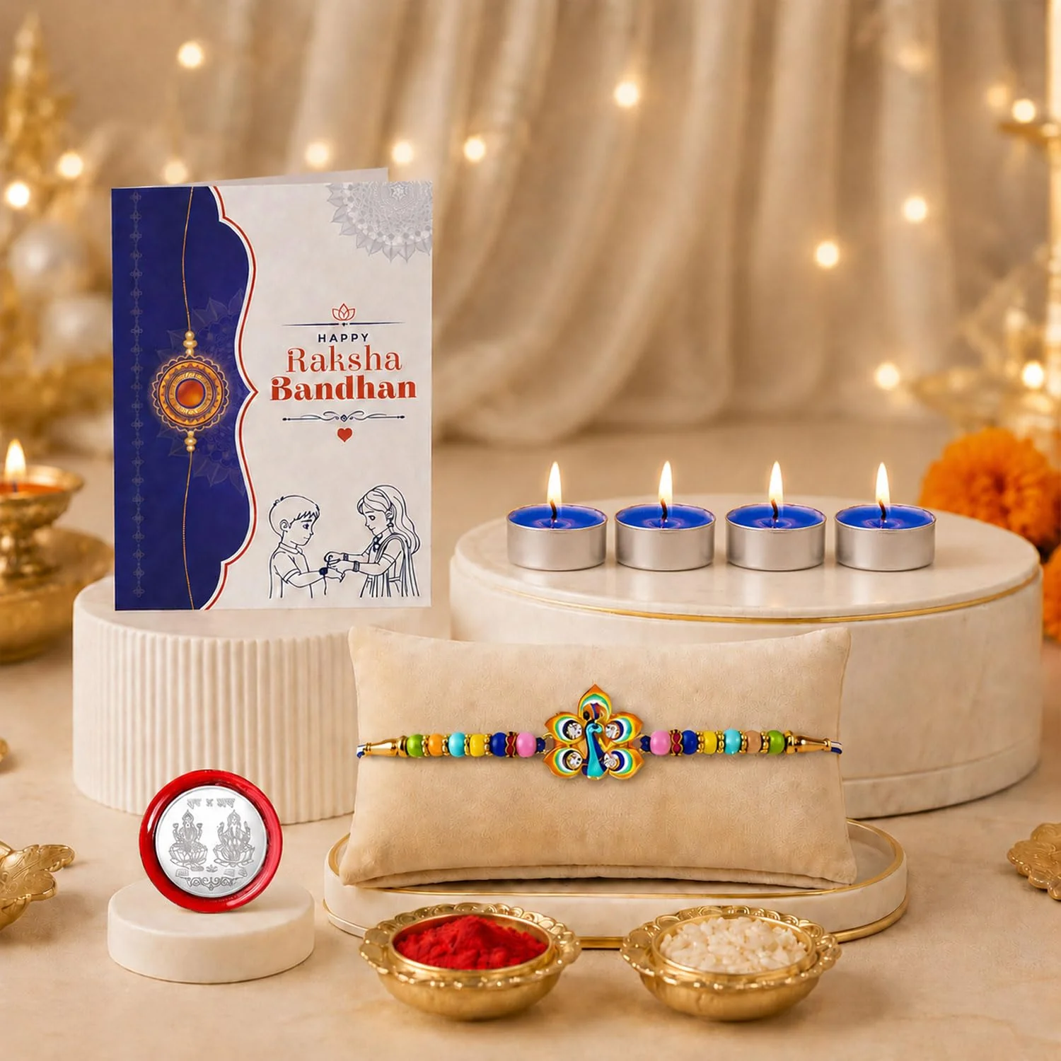 Peacock Rakhi Combo - Raksha Bandhan Gift with Tealight Candles 4pcs, Pack of 5 for Bhaiya