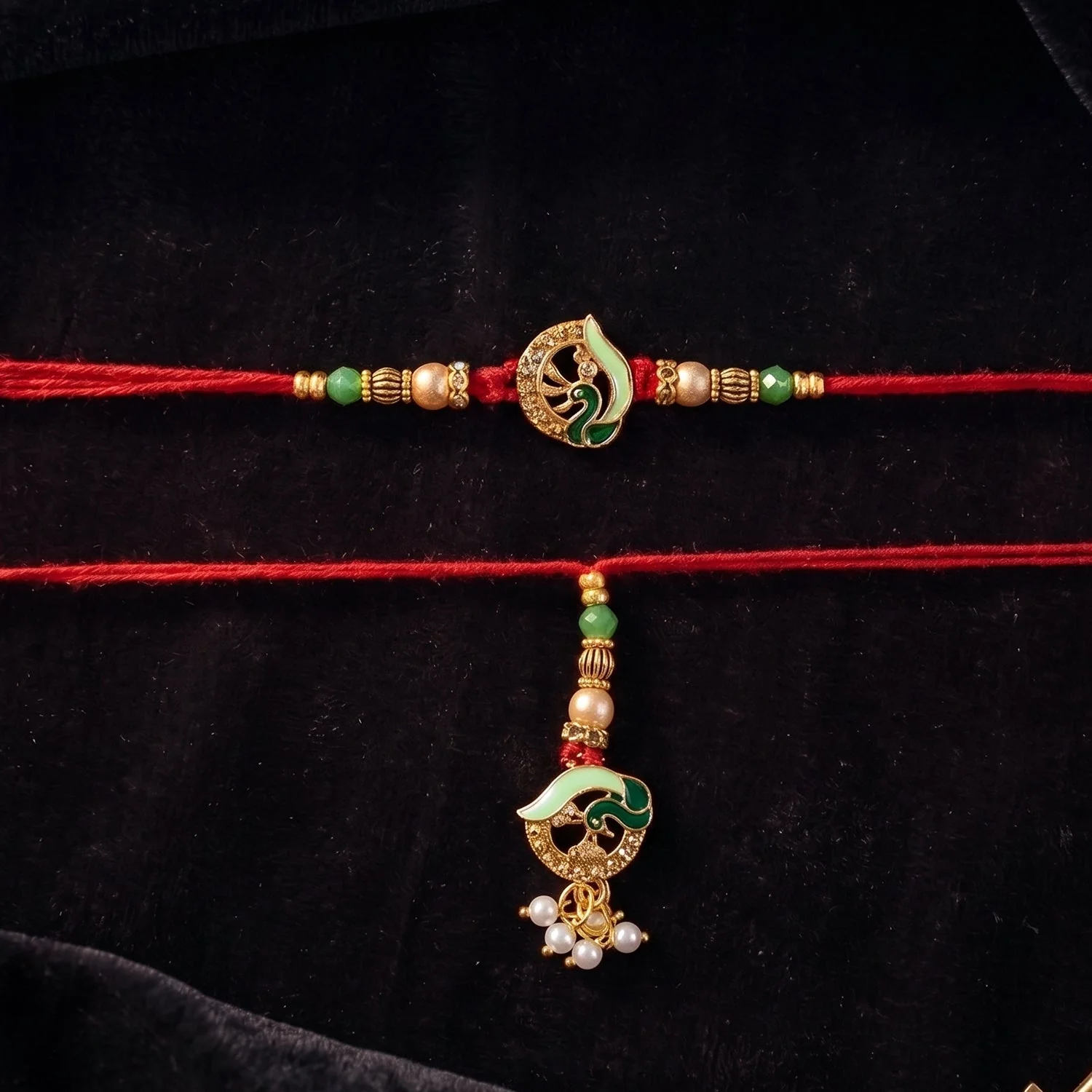 Premium Peacock Stone Bhabhi Lumba Rakhi – Elegant Pearl Drop & Traditional Design - Image 3