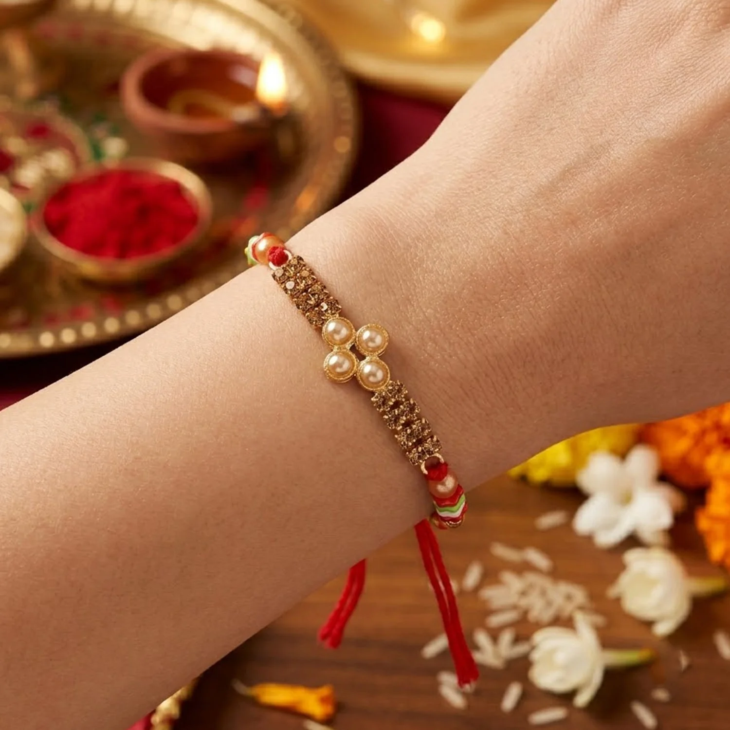 Premium Pearl Bar Crystal Stone Bead Fancy Thread Rakhi for Brother - Image 2