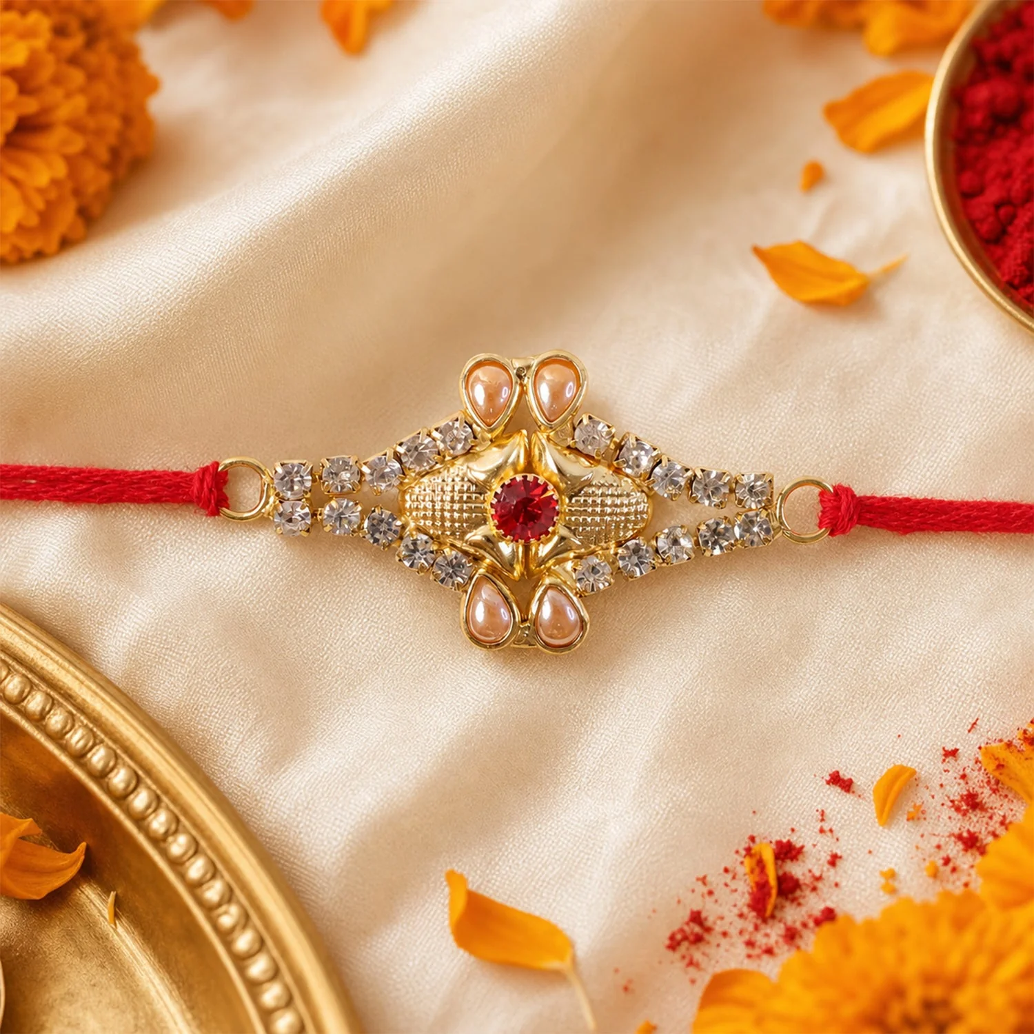 Pearl Flower Red Stone Rakhi for Brother Bhai Raksha Bandhan Festival Special Gift - Image 2