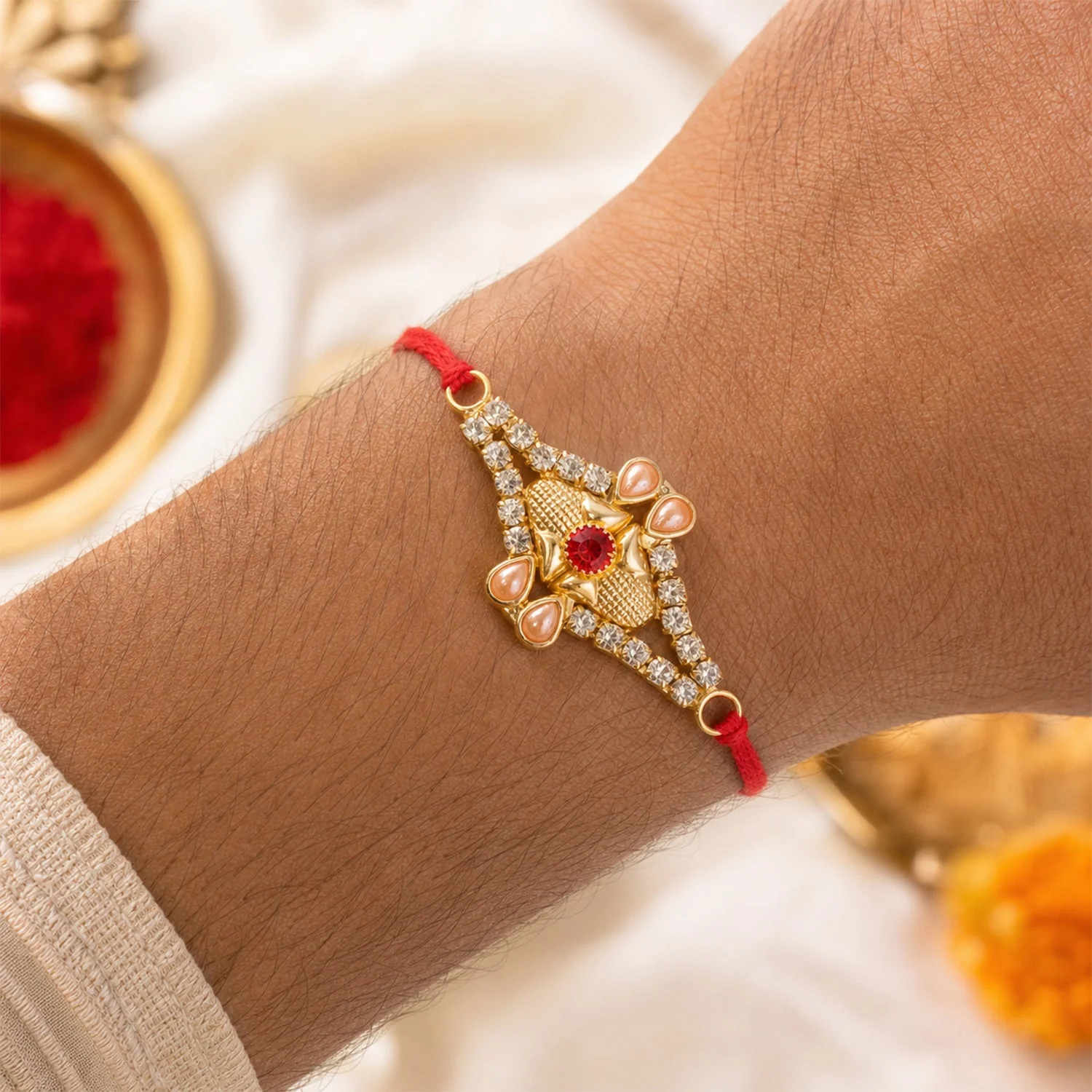 Pearl Flower Red Stone Rakhi for Brother Bhai Raksha Bandhan Festival Special Gift - Image 3