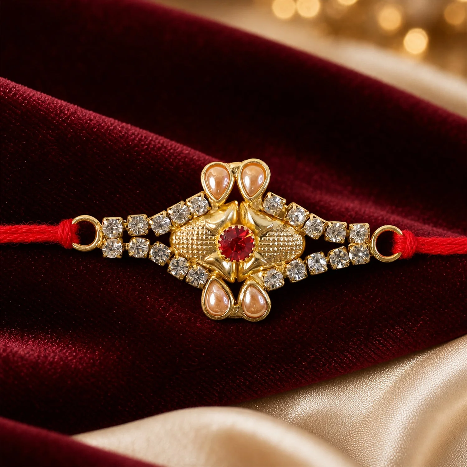 Pearl Flower Red Stone Rakhi for Brother Bhai Raksha Bandhan Festival Special Gift - Image 5