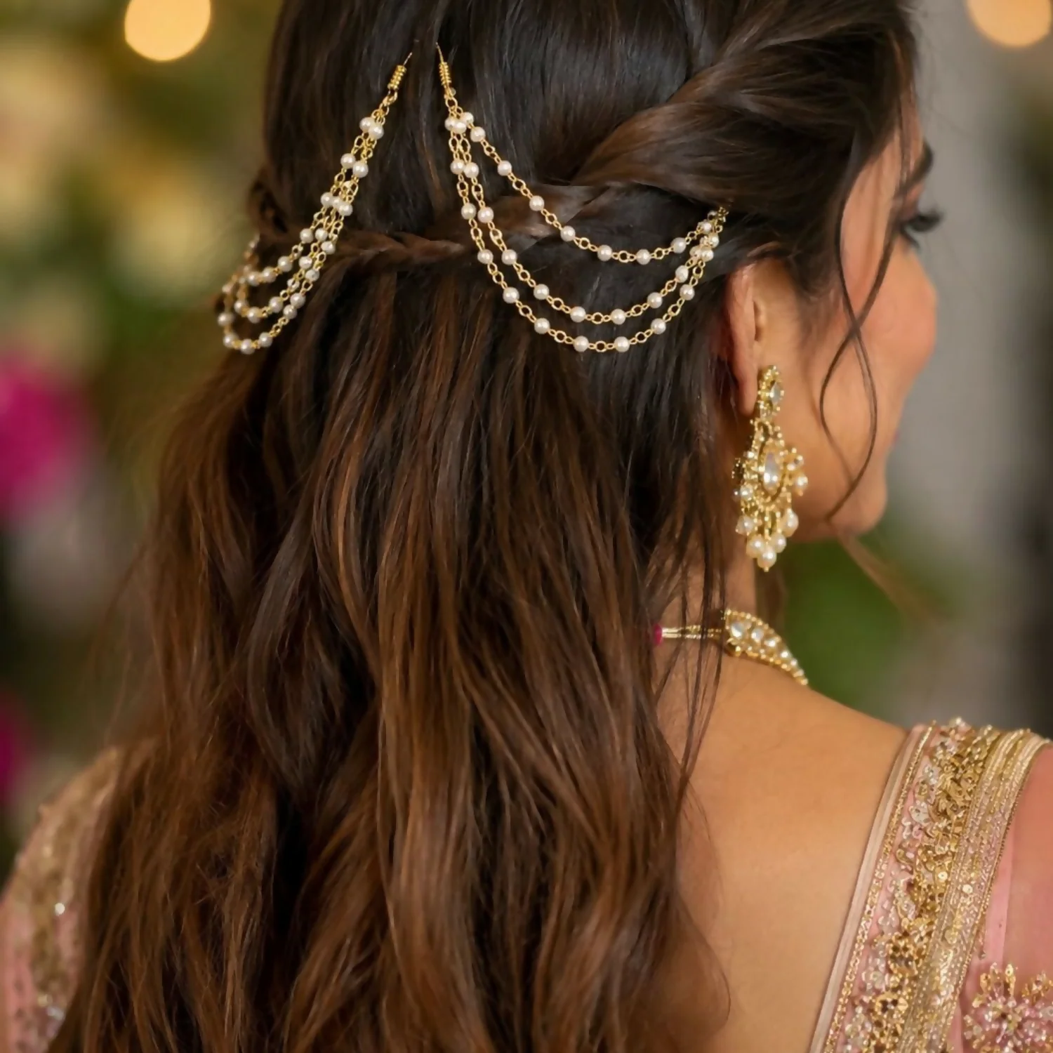 Pearl Hair Chain Accessory With Gold Tone Bridal Hair Decoration For Women - Image 2